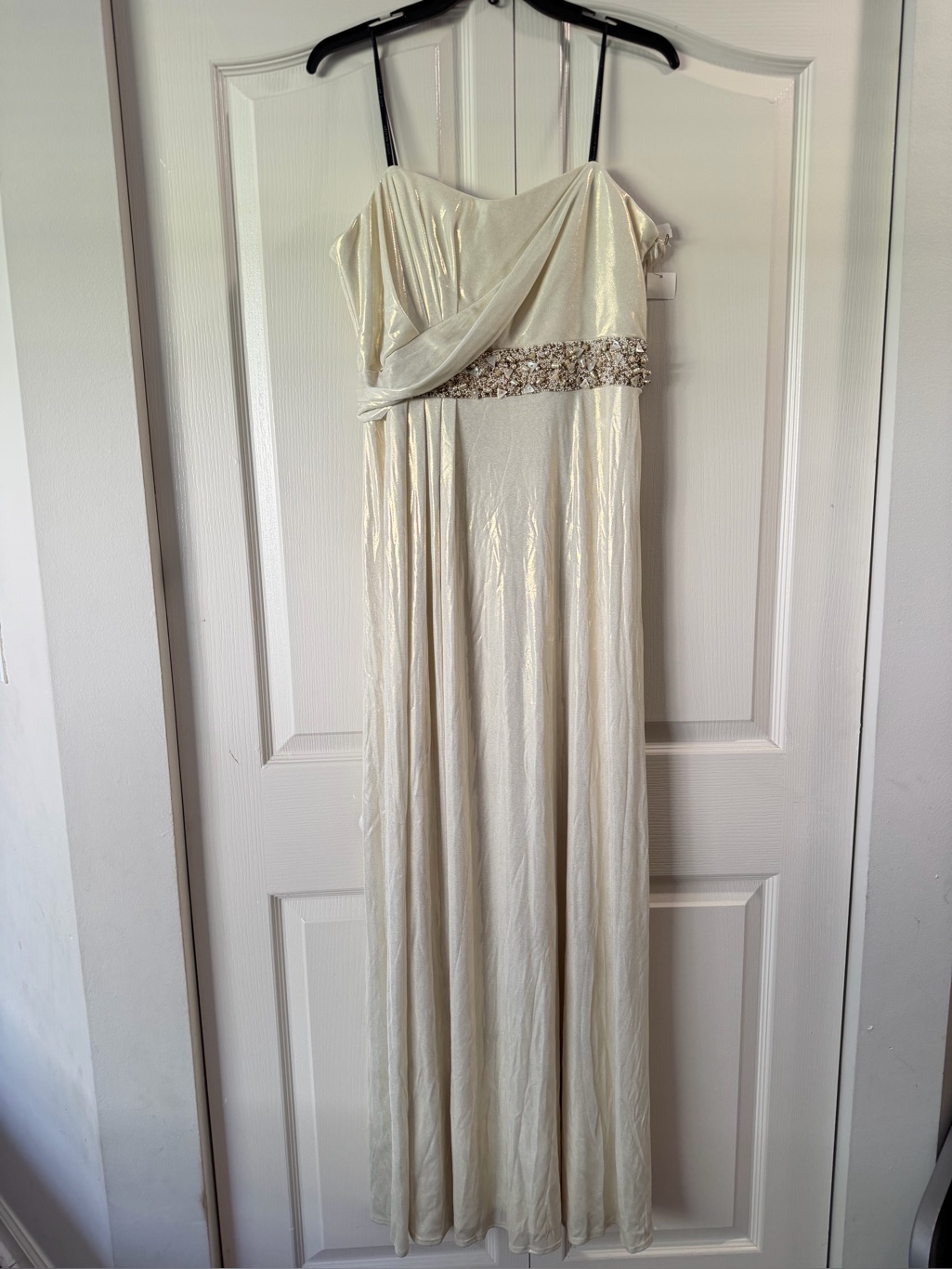 David Meister Goddess White Satin Evening Gown With Beaded Waist